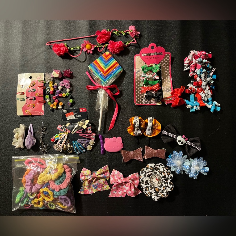 Huge lot girls hair accessories Ties, clips, bows, Hello Kitty, flower headband+